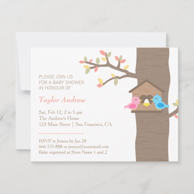 Den moderna vårbirdhousen bygga bo fågelbaby inbjudningar (Framsida)