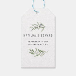 Den moderna vattenfärgen av olivträd med gren blad presentetikett