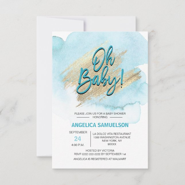 Den moderna vattenfärgen Blue Guld Oh Baby Shower Inbjudningar (Framsida)