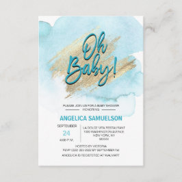 Den moderna vattenfärgen Blue Guld Oh Baby Shower Inbjudningar