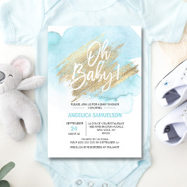 Den moderna vattenfärgen Blue Guld Oh Baby Shower Inbjudningar