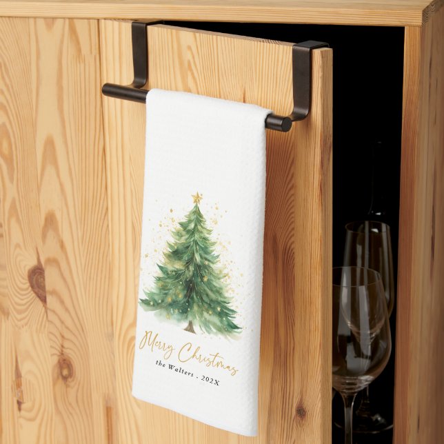 Den moderna vattenfärgen jul Gräs Träd Kökshandduk (Thirds Fold)
