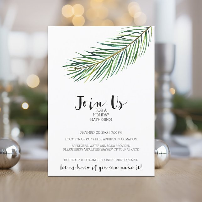 Den moderna vattenfärgen jul Gren Helgdag Inbjudningar (Holiday Invitation - Corporate Open House - Minimal Pine Branch Modern Calligraphy)