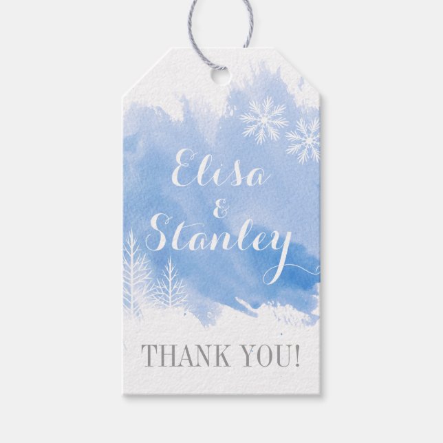 Den moderna vattenfärgen stänk blå bröllop Tack Presentetikett (Framsidan)