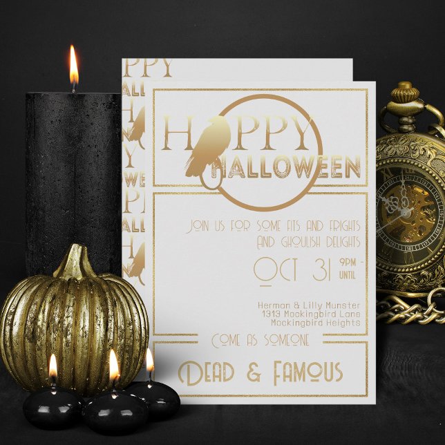 Den moderna Vita Guld-Eleganten Vuxen Halloween fe Inbjudningar (Elegant White And Gold Halloween Invitations)