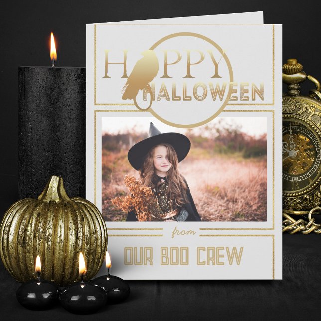 Den moderna Vuxen Guld och Vita Chicen Happy hallo Kort (Elegant white and gold Halloween invitations with photo)