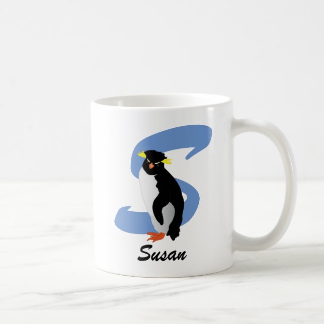 Den Monogrammed pingvinet med namn & märka med Kaffemugg (Höger)