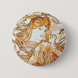Den Mucha kvinnan med en daisyart nouveau knäppas Knapp
