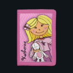 Den namngav blonda flickan & lyckliga<br><div class="desc">Uppmuntra besparingen med denna grafiska illustration för gulliga flickor av en blond flicka som griper en leksakkaninplånbok,  eller handväskan,  personifierar med ditt flicknamn. Läser för närvarande Katherine. Unikt designat vid Sarah Trett.</div>