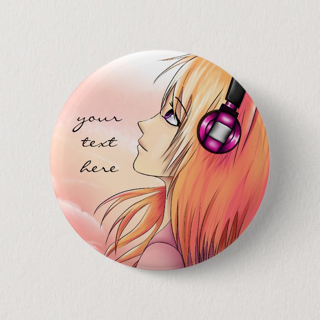 Den nätt animeflickan som lyssnar till musik, knapp (Framsida)