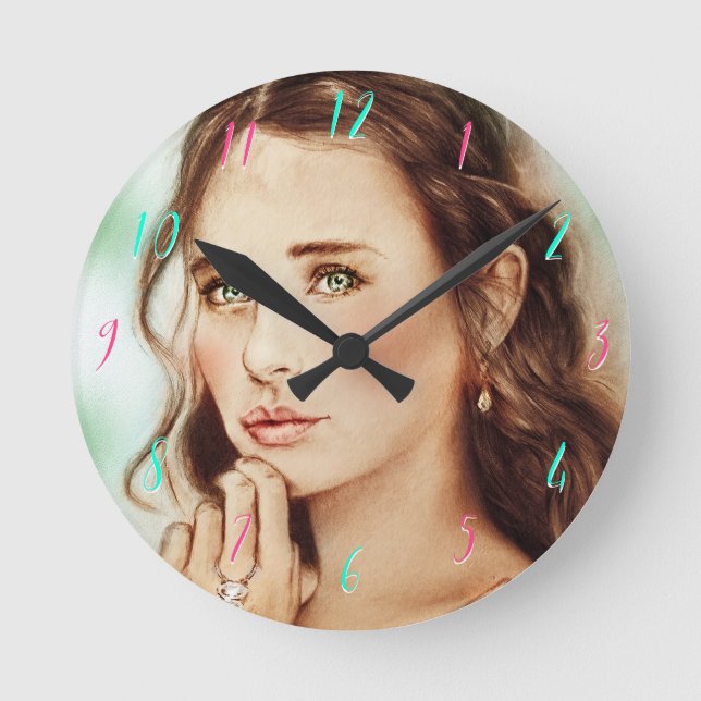 Den nätt eleganta damrundan tar tid på, rund klocka (Framsida)