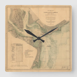 Den nautiska Charleston hamnen 1865 kartlägger Fyrkantig Klocka