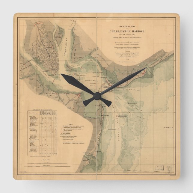 Den nautiska Charleston hamnen 1865 kartlägger Fyrkantig Klocka (Framsida)