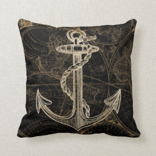 Den nautiska gammala världen ankrar Monogramsvart Kudde