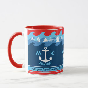 Den nautiska monogramen ankrar det rött vitt blå mugg