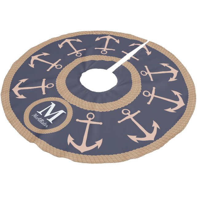 Den nautiska persikan ankrar på marinblått - julgransmatta borstad polyester (Vinklad)