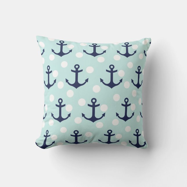 Den nautiskt Mintpolka dots och marinblått ankrar Kudde (Framsida)