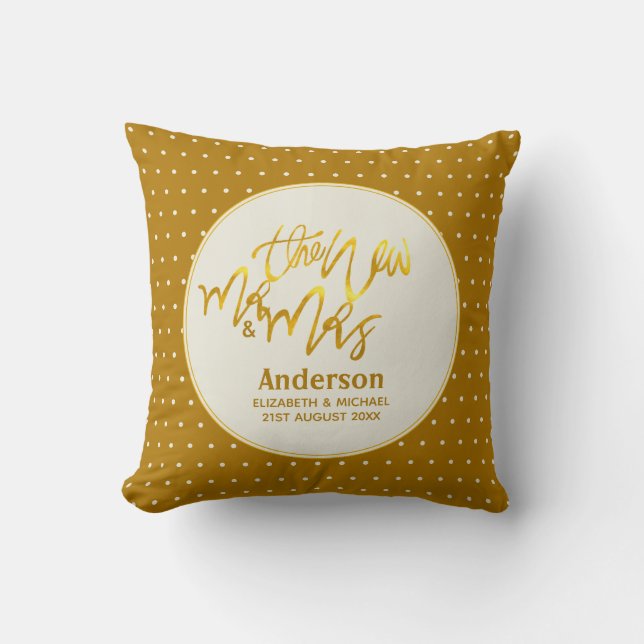 Den nya herr och fru (namn,datum) Bröllop Guld Dek Kudde (Framsida)