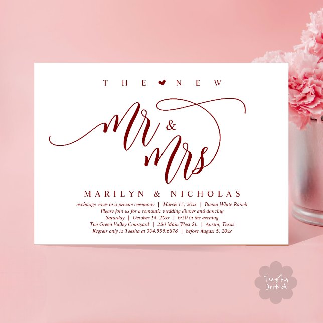 Den nya Mr. och Mrs., Modern Bröllop-middagen Part Inbjudningar (The New Mr and Mrs, Modern Romantic Wedding Dinner Party Invites Card PDF in Burgundy Wine Red)