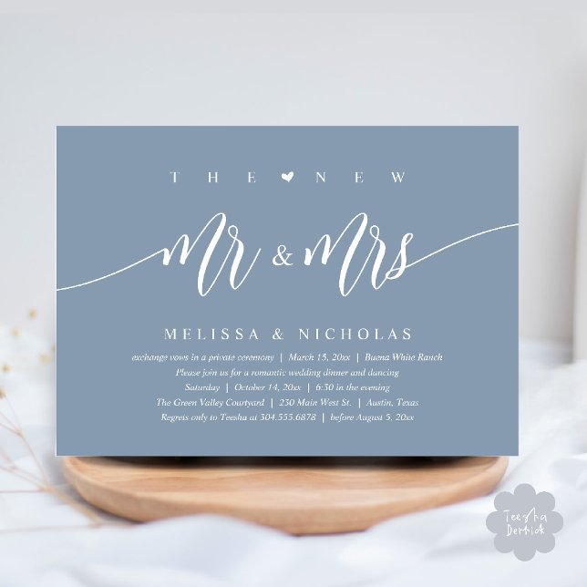 Den nya Mr. och Mrs., Modern Bröllop-middagen Part Inbjudningar (The New Mr and Mrs, Modern Romantic Wedding Dinner Party Invites Minimalist Card PDF in Dusty Blue)