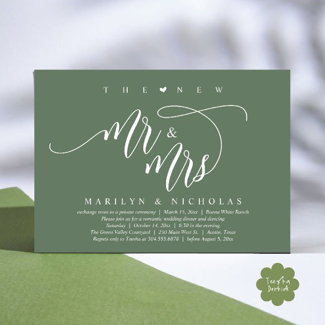 Den nya Mr. och Mrs., Modern Bröllop-middagen Part Inbjudningar (The New Mr and Mrs, Modern Romantic Wedding Dinner Party Invites Minimalist Card PDF in Sage Green)