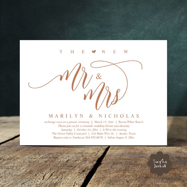 Den nya Mr. och Mrs., Modern Bröllop-middagen Part Inbjudningar (The New Mr and Mrs, Modern Romantic Wedding Dinner Party Invites Card PDF in Copper Brown)