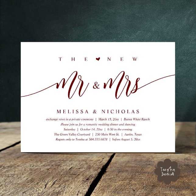 Den nya Mr. och Mrs., Modern Bröllop-middagen Part Inbjudningar (The New Mr and Mrs, Modern Romantic Wedding Dinner Party Invites Card PDF in Burgundy Wine Red)
