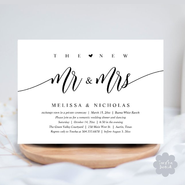 Den nya Mr. och Mrs., Modern Bröllop-middagen Part Inbjudningar (The New Mr and Mrs, Modern Romantic Wedding Dinner Party Invites Minimalist Card PDF in Black White)