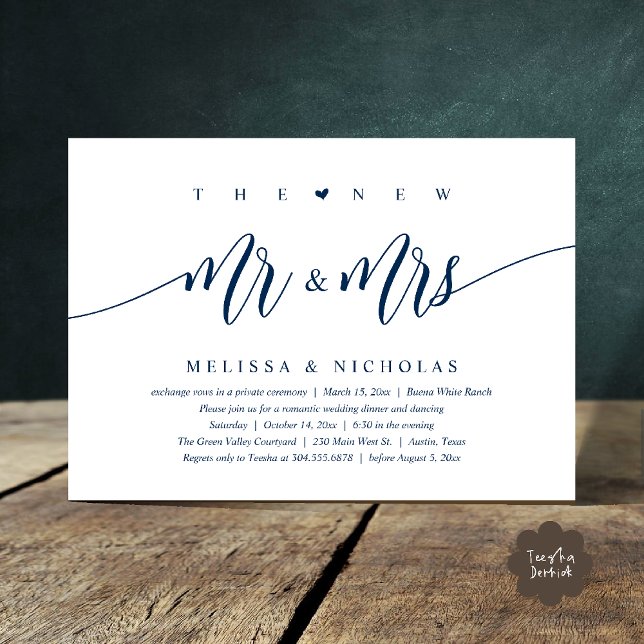 Den nya Mr. och Mrs., Modern Bröllop-middagen Part Inbjudningar (The New Mr and Mrs, Modern Romantic Wedding Dinner Party Invites Minimalist Card PDF in Navy blue)