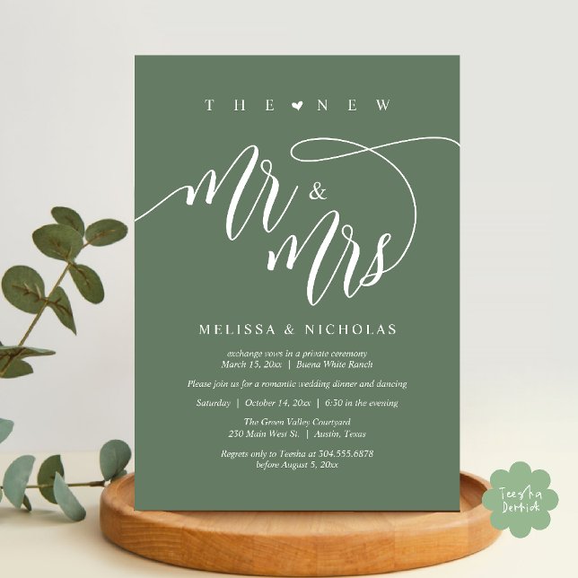 Den nya Mr. och Mrs Modern Bröllopsfest Dinner Inbjudningar (The New Mr and Mrs, Modern Romantic Wedding Dinner Party Invites Minimalist Card PDF in Sage Green)