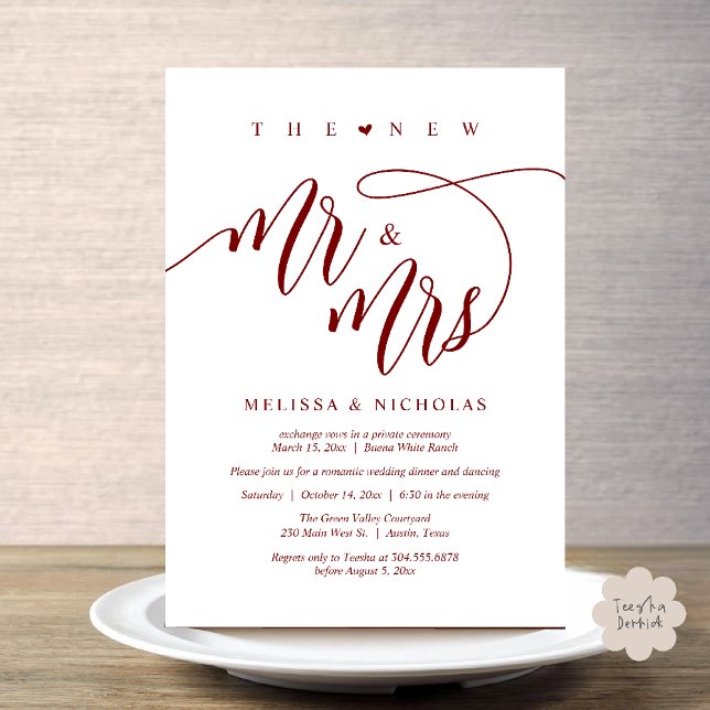 Den nya Mr. och Mrs Modern Bröllopsfest Dinner Inbjudningar (The New Mr and Mrs, Modern Romantic Wedding Dinner Party Invites Card PDF in Burgundy Wine Red)