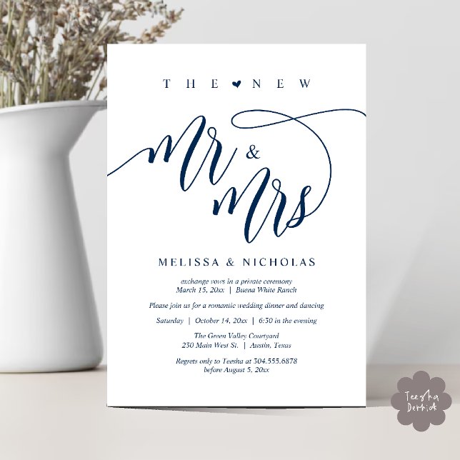 Den nya Mr. och Mrs Modern Bröllopsfest Dinner Inbjudningar (The New Mr and Mrs, Modern Romantic Wedding Dinner Party Invites Minimalist Card PDF in Navy blue)