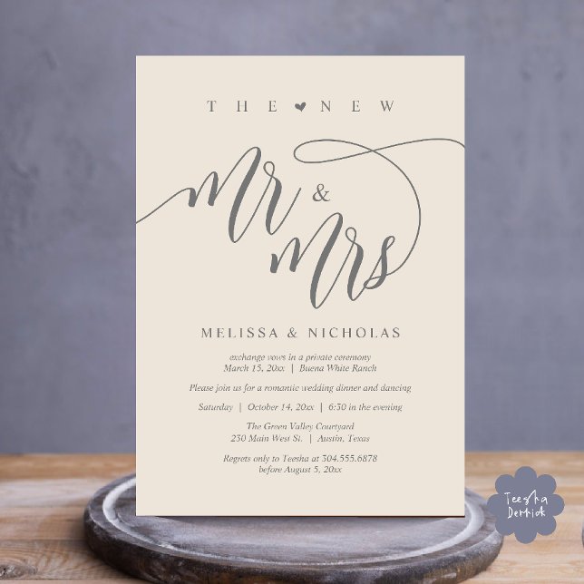Den nya Mr. och Mrs Modern Bröllopsfest Dinner Inbjudningar (The New Mr and Mrs, Modern Romantic Wedding Dinner Party Invites Card PDF in Aesthetic Cream Grey)