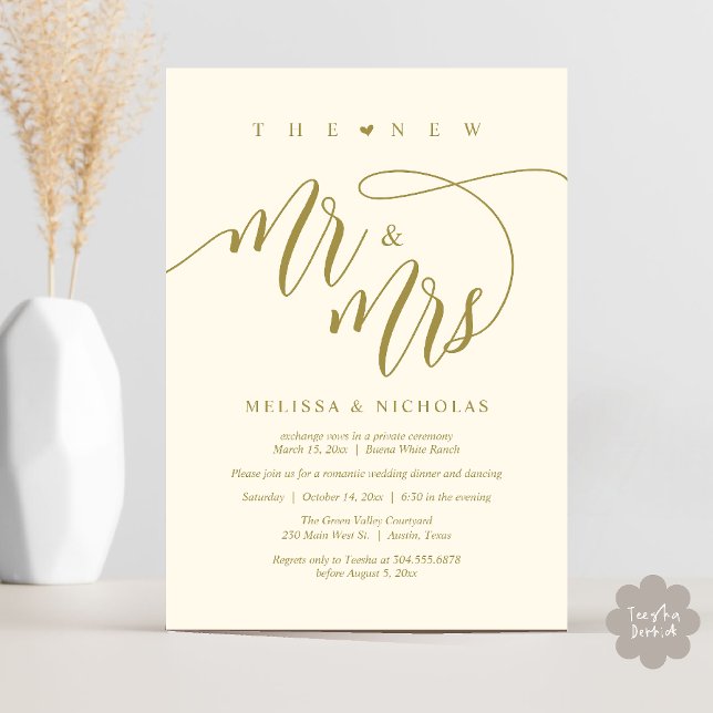 Den nya Mr. och Mrs Modern Bröllopsfest Dinner Inbjudningar (The New Mr and Mrs, Modern Romantic Wedding Dinner Party Invites Card PDF in Aesthetic Yellow Gold)