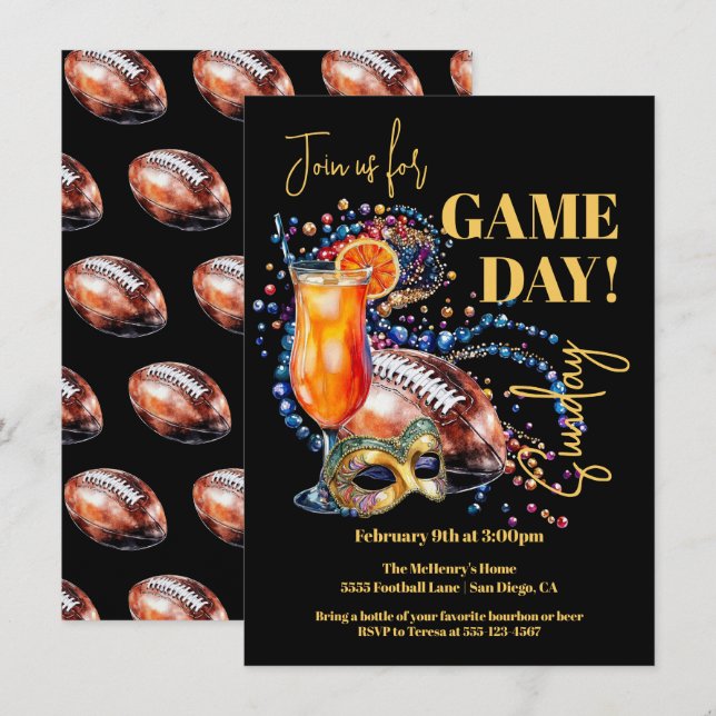 Den nya Orleans Football Party Game Day Mardi Gras Inbjudningar (Fram/baksida)