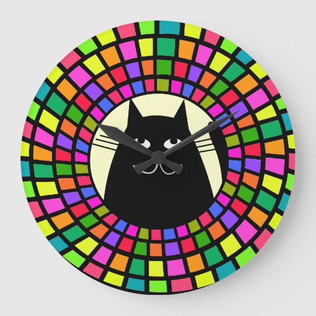 Den nyckfulla svart katten tar tid på mosaisk stor klocka (Framsida)