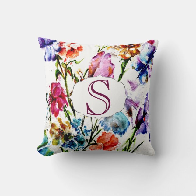 Den nyckfulla vattenfärgen blommar med monogramen kudde (Framsida)