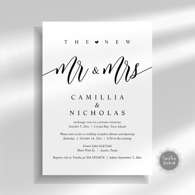 Den nye herr och fru, Bröllop Elopement-middagen P Inbjudningar (The New Mr and Mrs, Wedding Elopement Dinner Party Invitation Card, PDF, White Black)