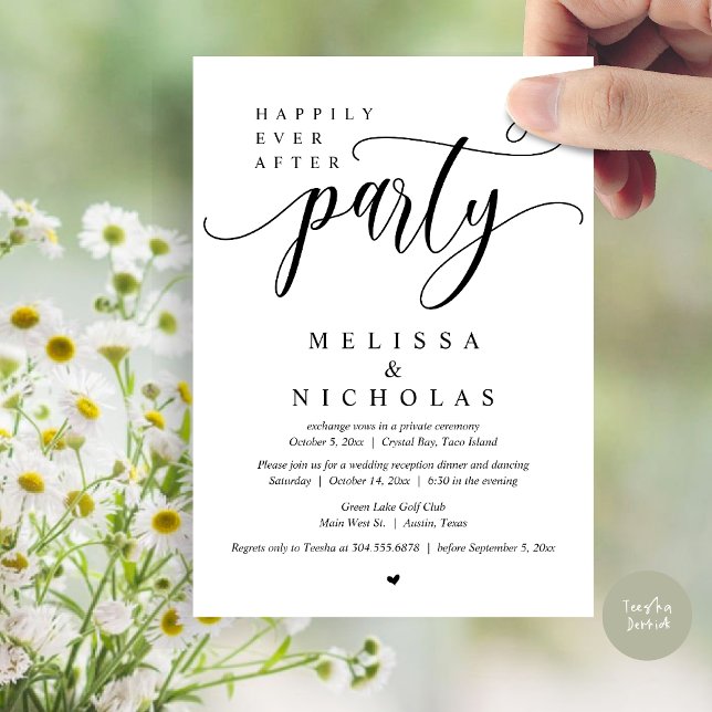 Den nye herr och fru, Bröllop Elopement-middagen P Inbjudningar (Happily Ever After Party, Wedding Elopement Dinner Party Invitation Card, PDF, White Black)