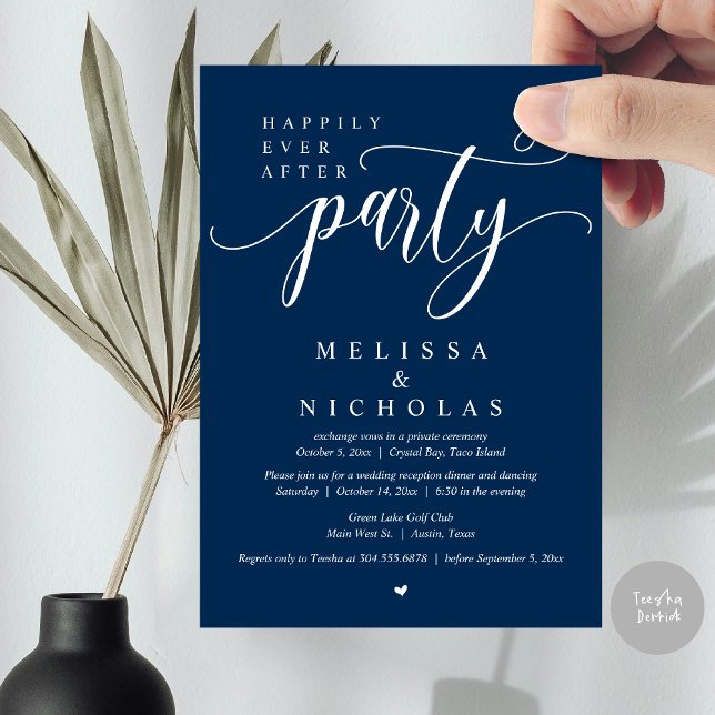 Den nye herr och fru, Bröllop Elopement-middagen P Inbjudningar (The New Mr and Mrs, Wedding Elopement Dinner Party Invitation Card, PDF, Navy Blue)