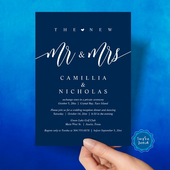 Den nye herr och fru, Bröllop Elopement-middagen P Inbjudningar (The New Mr and Mrs, Wedding Elopement Dinner Party Invitation Card, PDF, Navy Blue)