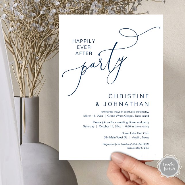 Den nye herr och fru, Bröllop Elopement-middagen P Inbjudningar (Happily Ever After Party, Wedding Elopement Dinner Dancing Invitation Card, PDF, Navy Blue)