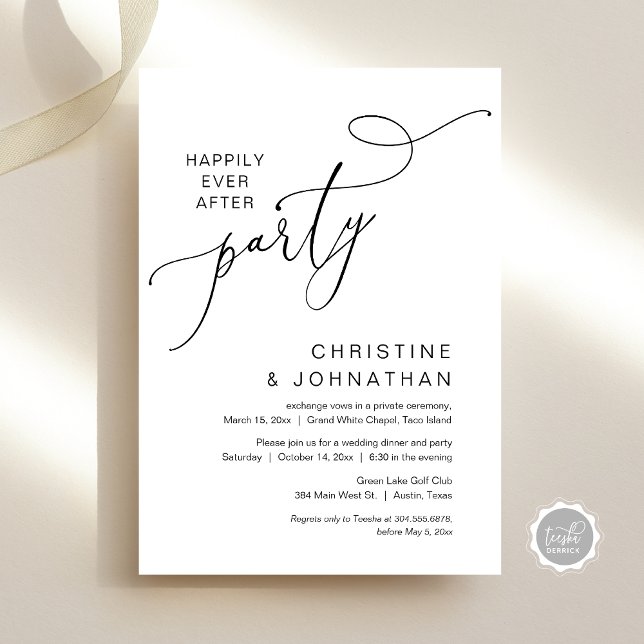 Den nye herr och fru, Bröllop Elopement-middagen P Inbjudningar (Happily ever after party, Wedding Elopement Dinner Party Invitation Card, PDF, White Black)