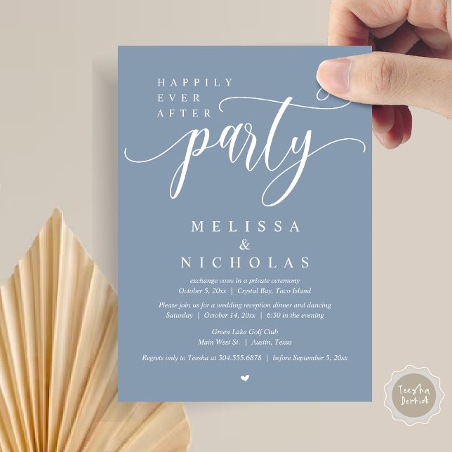 Den nye herr och fru, Bröllop Elopement-middagen P Inbjudningar (Happily ever after Wedding Elopement Dinner Party dancing Invitation Card, PDF, Dusty Blue)