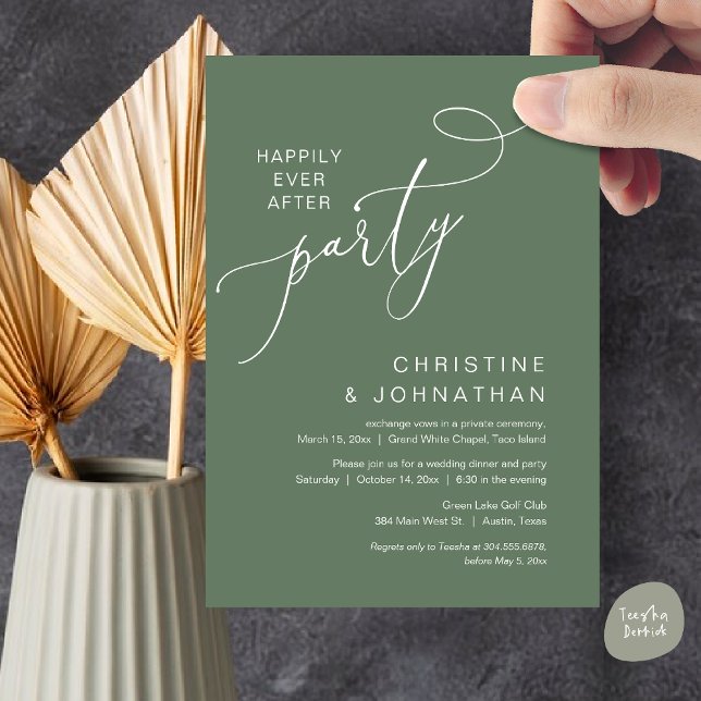 Den nye herr och fru, Bröllop Elopement-middagen P Inbjudningar (Happily ever after Wedding Elopement Dinner Party Brunch Invitation Card, PDF, Forest Sage Green)