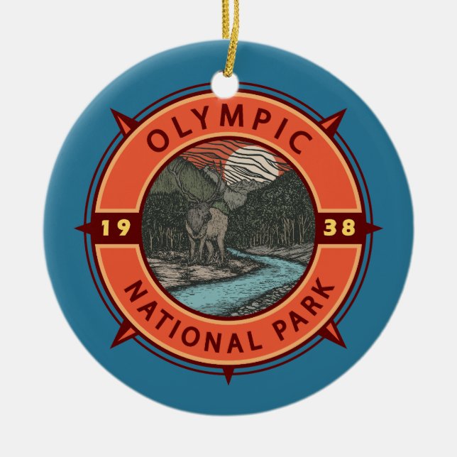 Den olympiska nationalparken Roosevelt Elk Retro C Julgransprydnad Keramik (Framsidan)