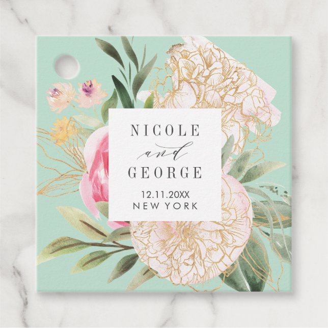 Den ömtåliga blomman Peony guld bröllop Gåvor Etiketter (Framsida)