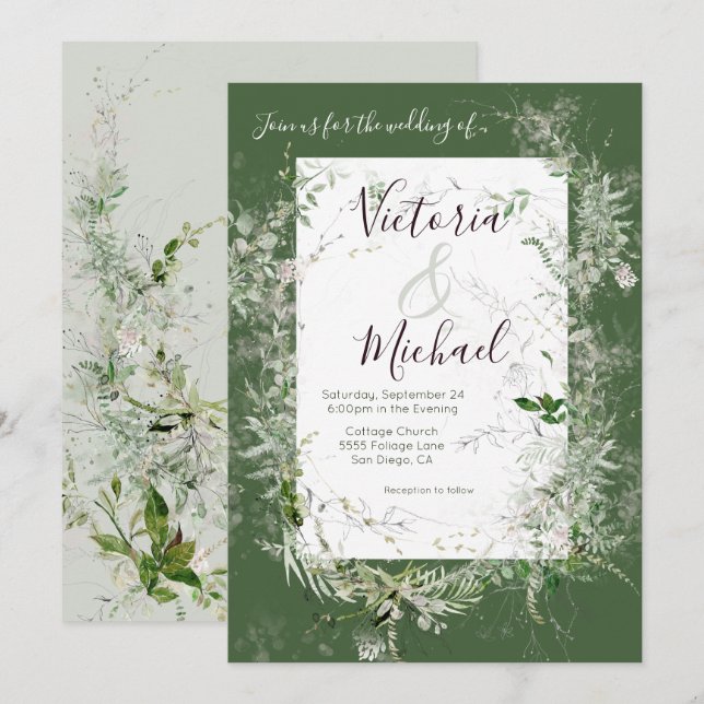 Den ömtåliga blommigten Greenery Bröllop Inbjudningar (Fram/baksida)