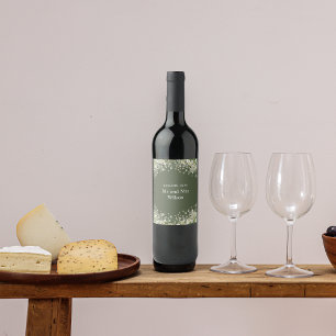 Den ömtåliga Blommigten på Oliv grönt Bröllop-Vin- Vinflaska Etikett