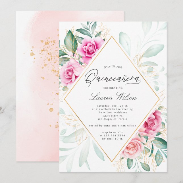 Den ömtåliga blommigten rosa ros Quinceanera Inbjudningar (Fram/baksida)